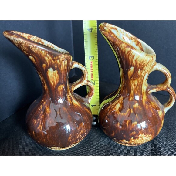 Lot of 2 Vintage Rich Brown Drip Glaze Mini Pitcher Creamer/Syrup Country Decor - Picture 6 of 8